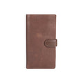 Brown leather passport holder with secure flap closure, designed for travel essentials by Hidesign.