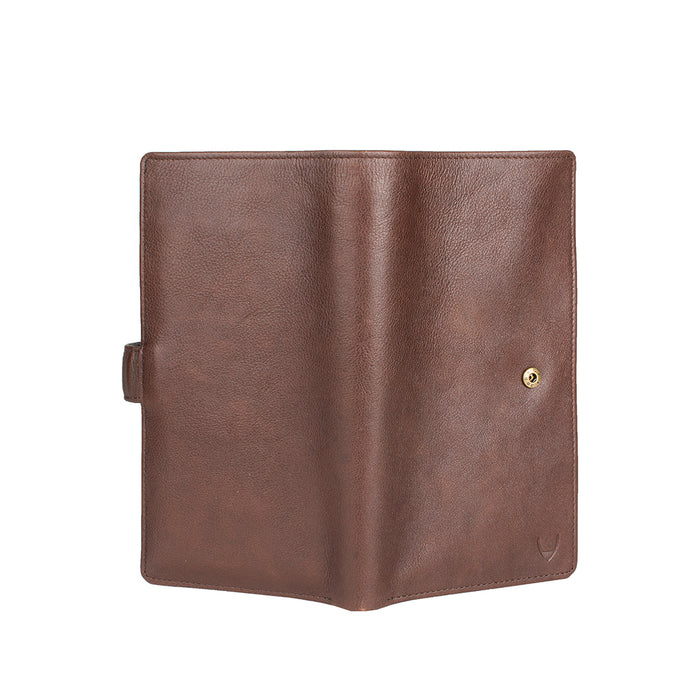Brown leather passport holder with snap button closure, shown open for a sleek travel accessory.