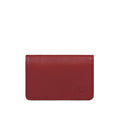 Red leather card holder with smooth finish, neat stitching, and subtle embossed brand logo on front.