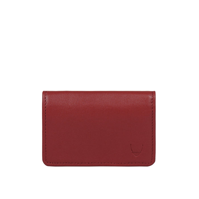 Red leather card holder with smooth finish, neat stitching, and subtle embossed brand logo on front.