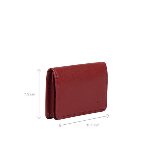 Red leather card holder with compact 10.5×7.5 cm size, clean finish, and embossed logo on the front.