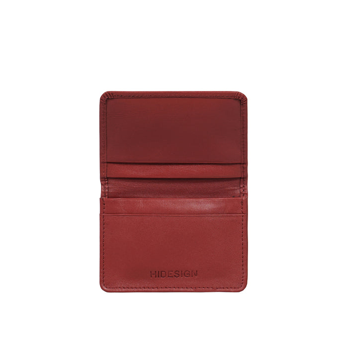 Open Hidesign red leather card holder wallet with multiple slots, minimal stitching, premium finish.