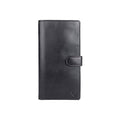 A black leather long wallet with a snap closure, shown in front view, crafted for daily essentials.