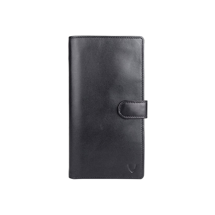 A black leather long wallet with a snap closure, shown in front view, crafted for daily essentials.