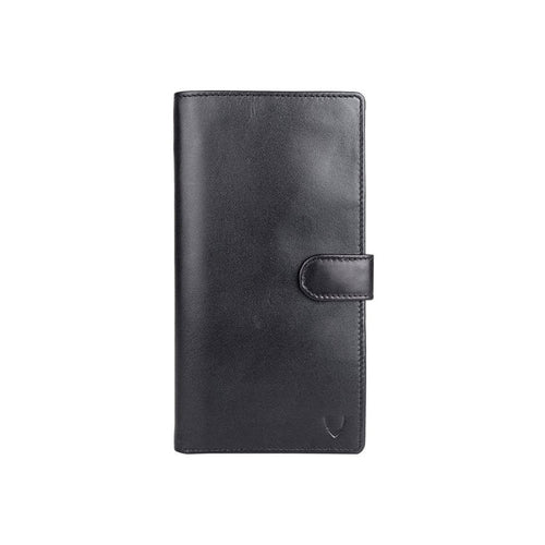 A black leather long wallet with a snap closure, shown in front view, crafted for daily essentials.