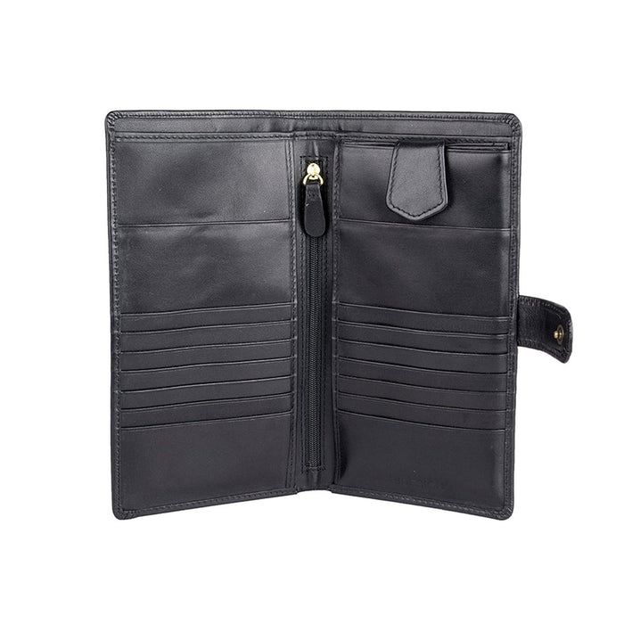 An open black leather Hidesign wallet with multiple card slots, an inner zipper pocket, & slim look.