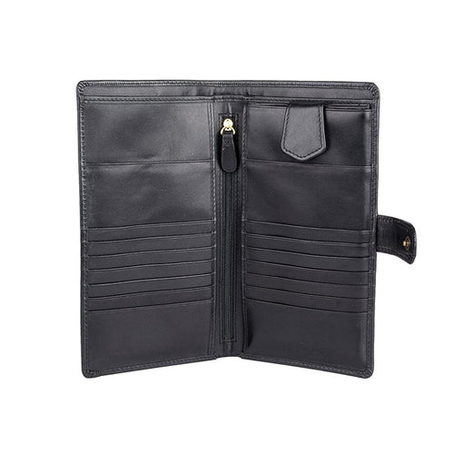 An open black leather Hidesign wallet with multiple card slots, an inner zipper pocket, & slim look.