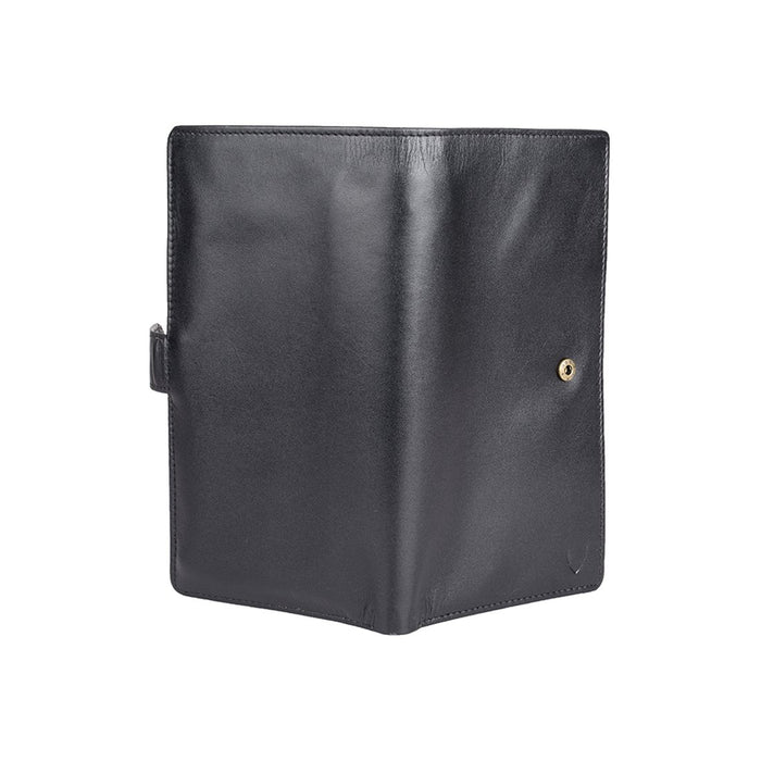 Closed black leather Hidesign wallet with a smooth finish, snap button closure & sleek fold design.
