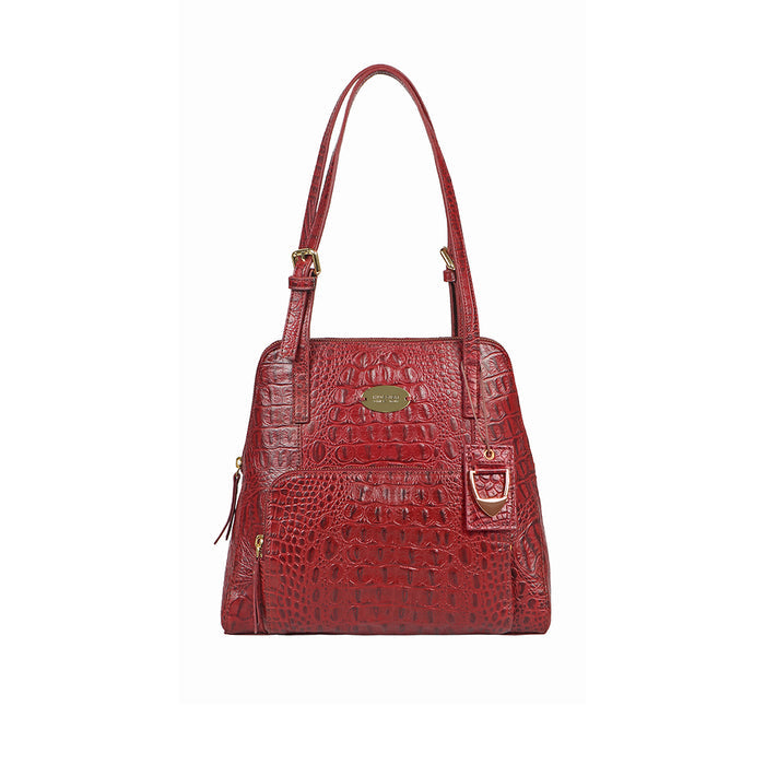 Red crocodile-texture leather tote bag from Hidesign with structured shape and gold hardware accents