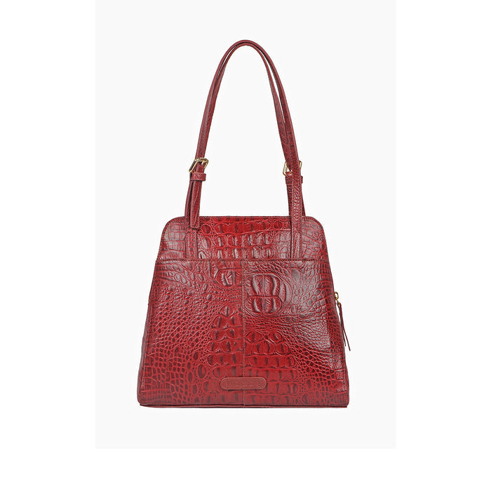 Back view of red crocodile-textured Hidesign leather tote bag with dual straps and spacious design.