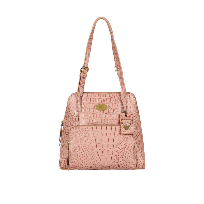 Blush pink crocodile-textured leather Hidesign tote bag with top handles, gold logo plate and charm.
