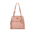 Blush pink crocodile-textured leather Hidesign tote bag with top handles, gold logo plate and charm.