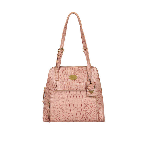 Blush pink crocodile-textured leather Hidesign tote bag with top handles, gold logo plate and charm.