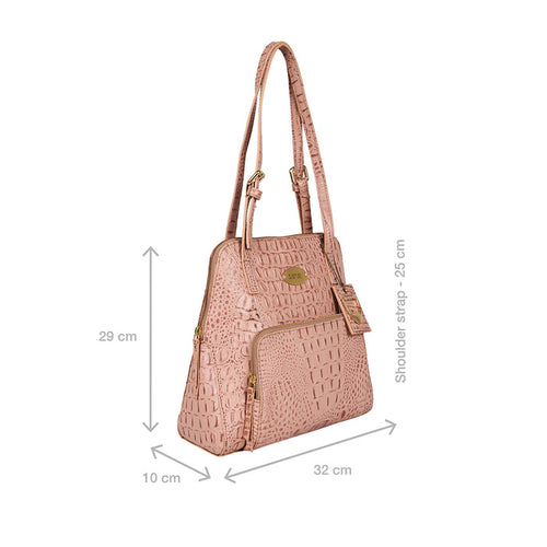 Hidesign's pink crocodile-textured leather tote bag for women with a front pocket & shoulder straps.