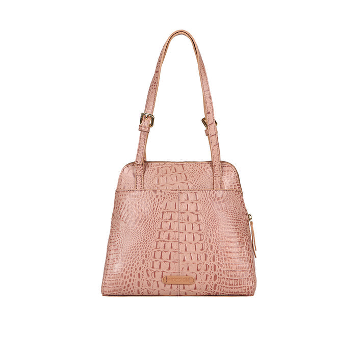 Pink crocodile-textured Hidesign leather tote bag with shoulder straps and a zip pocket on display.