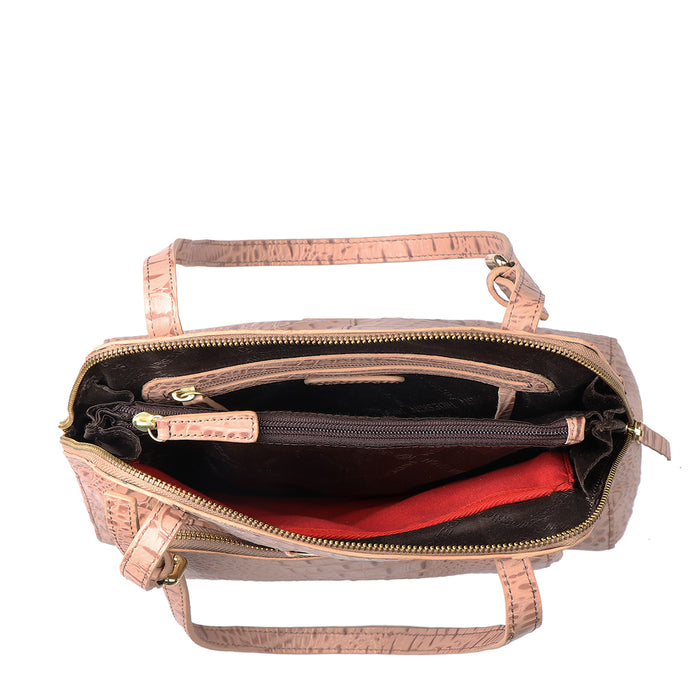 Top view of pink crocodile-textured leather tote bag showing spacious compartments and a zip pocket.