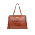 Graceful tan croc-embossed leather tote with dual shoulder straps, front zip pocket, and roomy body.