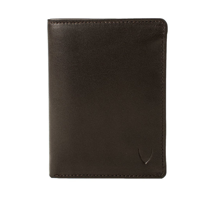 Featuring a brown leather bi-fold wallet with smooth finish, fine stitching, and slim front profile.