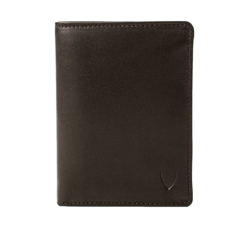 Featuring a brown leather bi-fold wallet with smooth finish, fine stitching, and slim front profile.