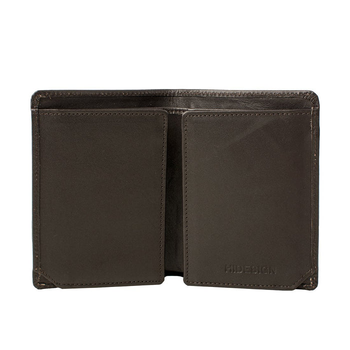 Revealing the interior of a brown leather bi-fold wallet with dual pockets and refined detailing.