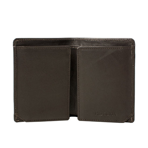 Revealing the interior of a brown leather bi-fold wallet with dual pockets and refined detailing.