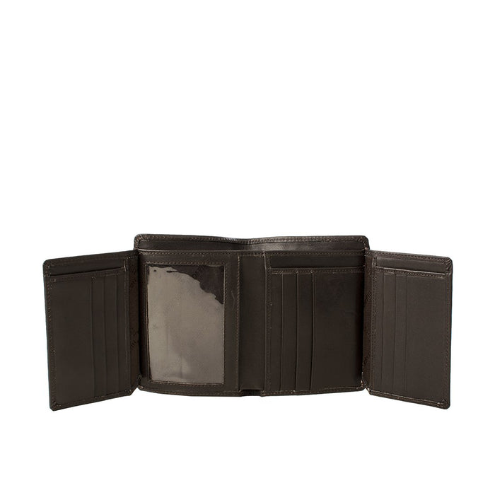 Displaying a brown leather wallet interior with twin slip pockets, neat stitching, & classic design.