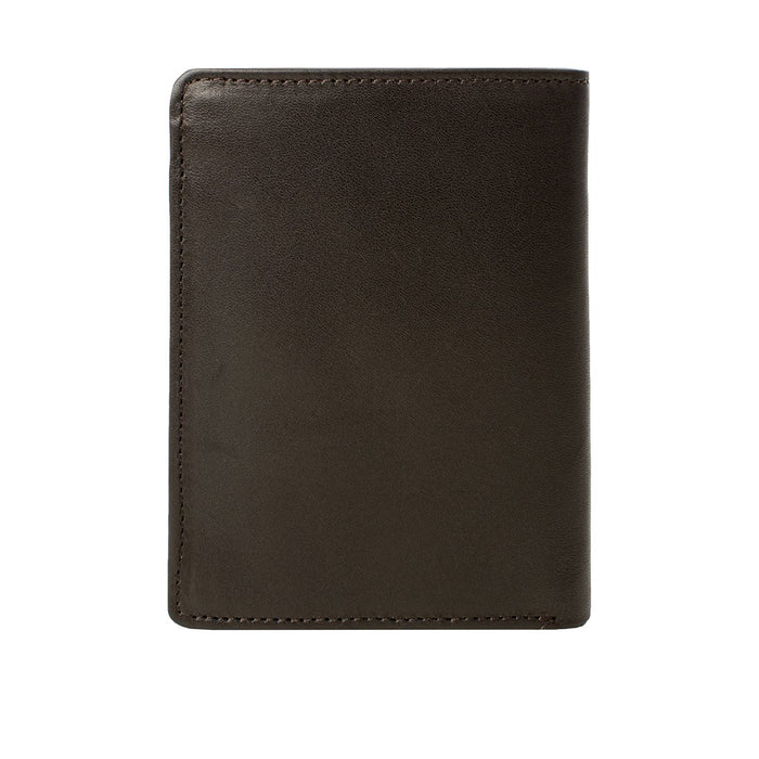 Featuring a sleek, dark brown bi-fold wallet with smooth leather finish and refined stitched edges.