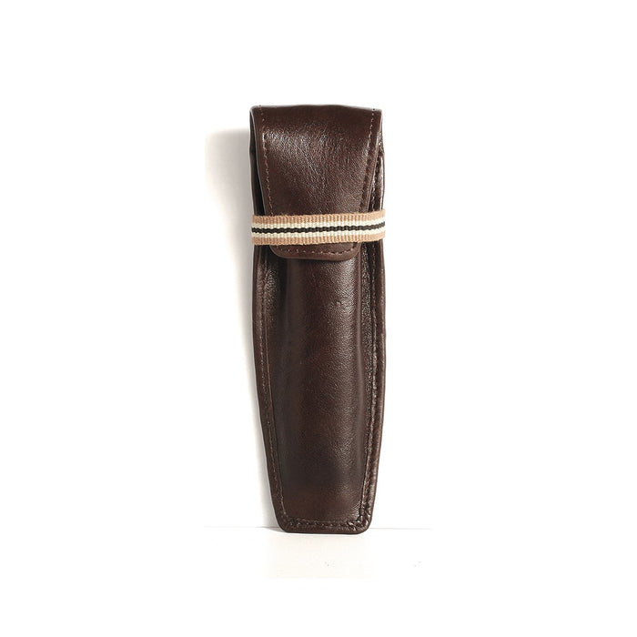 Featuring a brown leather key chain pouch with striped elastic band closure and slim profile fit.