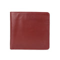 Men's red leather bifold wallet with smooth finish, premium quality, slim accessory for everyday use.