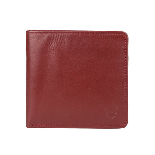 Men's red leather bifold wallet with smooth finish, premium quality, slim accessory for everyday use.