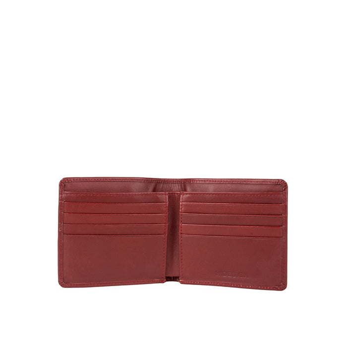 Open men's red leather bifold wallet showing card slots and compartments, stylish functional design