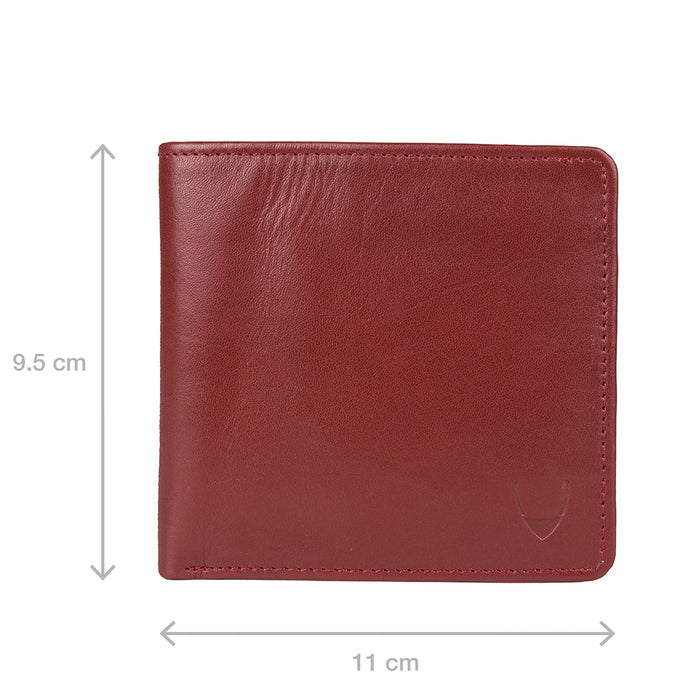 Men's red leather bifold wallet with measurements shown, compact 11 cm width & 9.5 cm height design