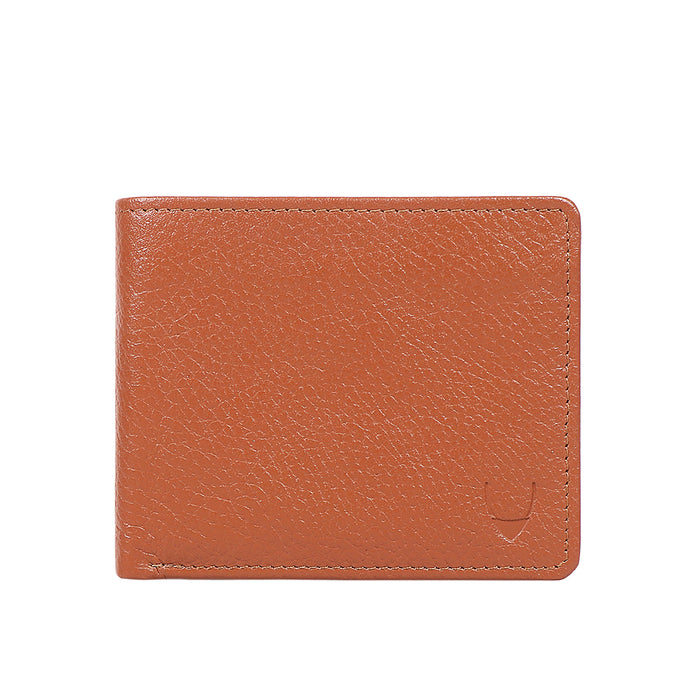 Men's tan leather bifold wallet with fine textured finish, premium quality & minimal everyday style.