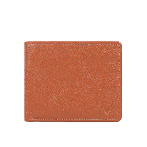 Men's tan leather bifold wallet with fine textured finish, premium quality & minimal everyday style.