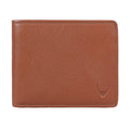 Men's tan leather bifold wallet with textured finish, premium quality and stylish everyday accessory