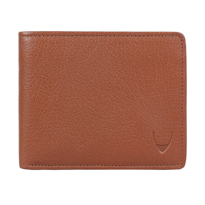 Men's tan leather bifold wallet with textured finish, premium quality and stylish everyday accessory
