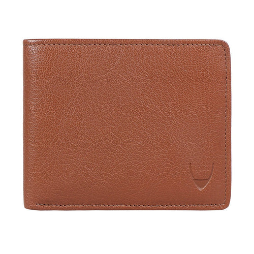 Men's tan leather bifold wallet with textured finish, premium quality and stylish everyday accessory