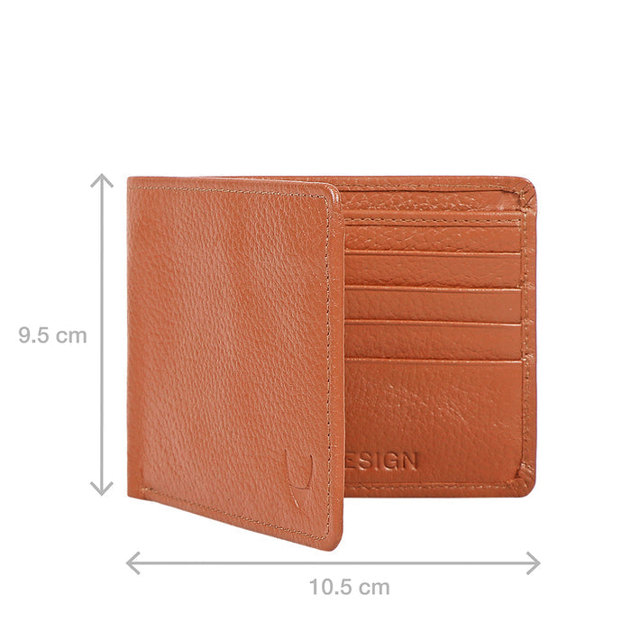 Men's tan leather bifold wallet with measurements, 10.5 cm width and 9.5 cm height & minimal design.