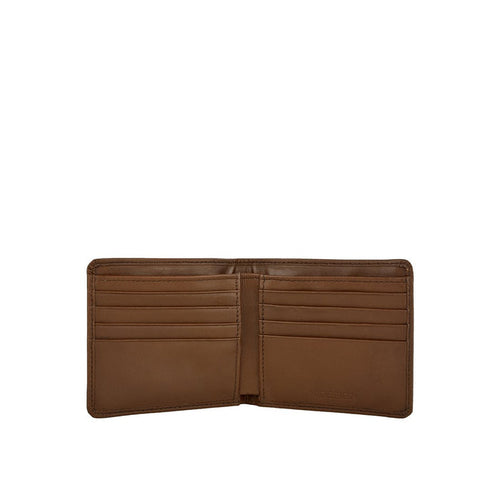 Inside view of a tan leather bi-fold wallet with multiple card slots and a central leather divider.