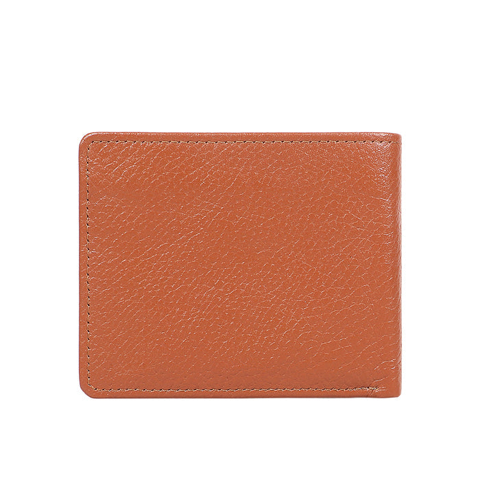 Men's tan leather bifold wallet with fine textured finish, premium design, & stylish daily accessory