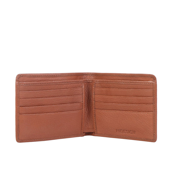 Open men's tan leather bifold wallet showing multiple card slots & compartments, functional design.