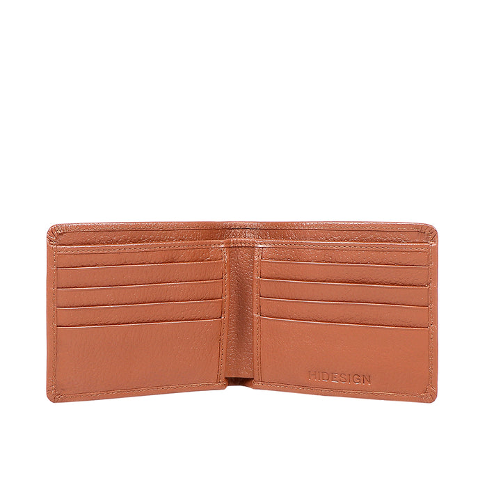 Open men's tan leather bifold wallet showing card slots, interior design and premium everyday style.