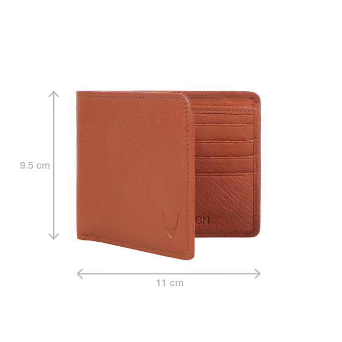 Tan vegetable-tanned goat leather bi-fold wallet for men, showing its dimensions as 9.5 cm by 11 cm.