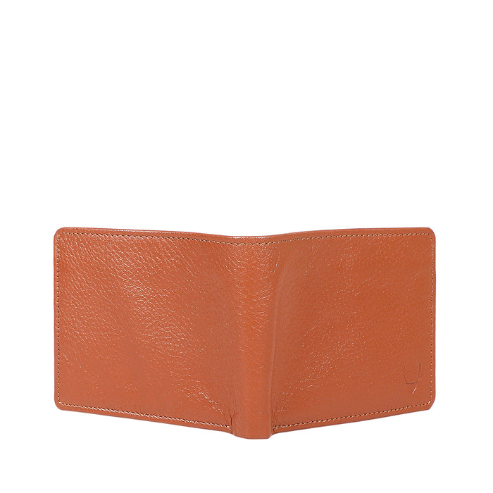 Men's tan leather bifold wallet standing open, perfect texture, premium and minimal everyday design.