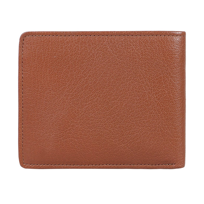 A classic tan, vegetable-tanned EI goat leather bi-fold wallet for men with sleek, minimalist edges.