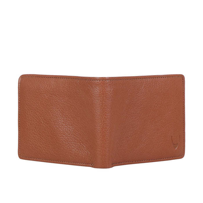 Men's tan leather bifold wallet standing open, textured finish, premium chic stylish everyday design