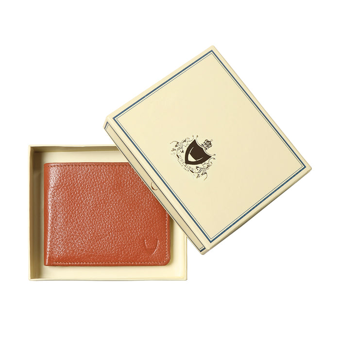Men's tan leather bifold wallet in premium box, elegant packaging showcasing textured finish design.