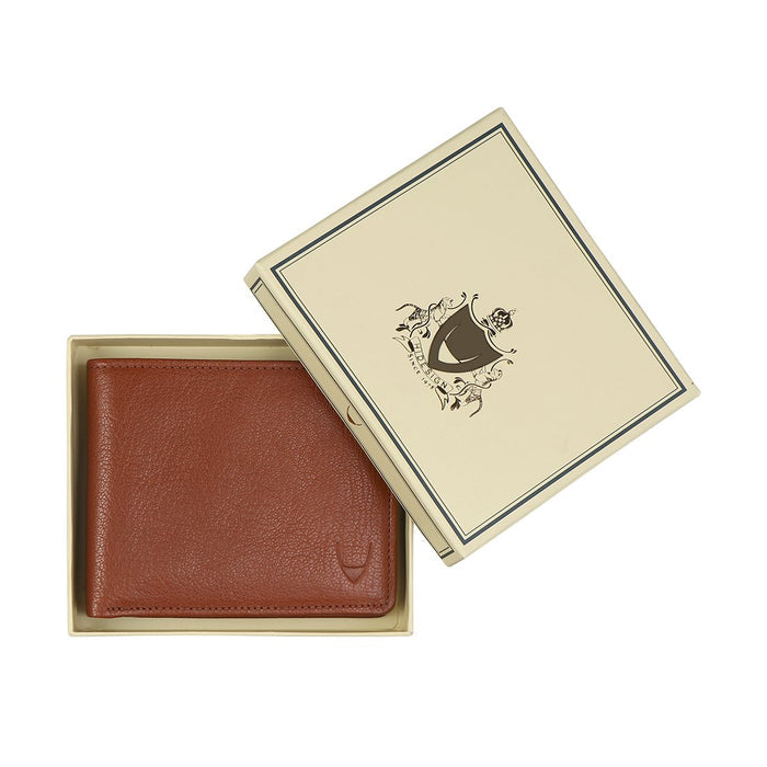 Men's tan leather bifold wallet in premium gift box, elegant packaging & stylish everyday accessory.
