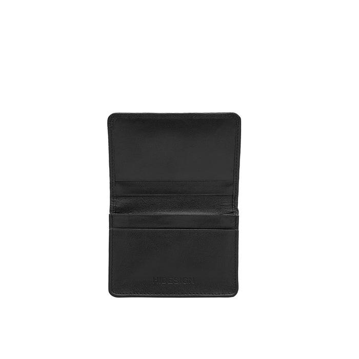 Open black leather card holder wallet by Hidesign with multiple card slot, stitching, premium finish