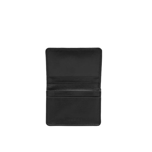 Open black leather card holder wallet by Hidesign with multiple card slot, stitching, premium finish